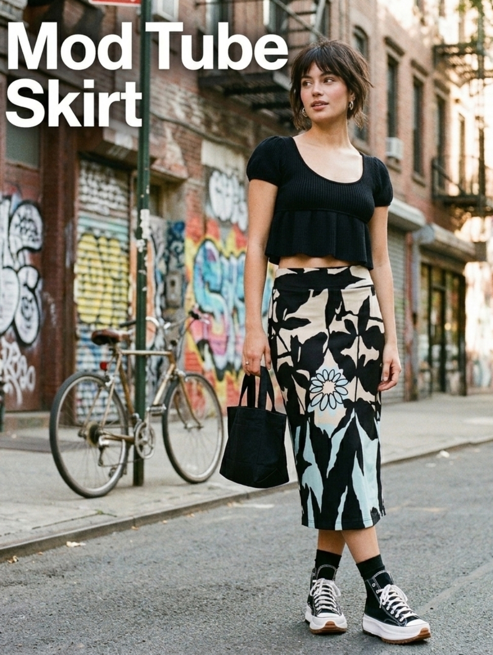 Analili Black, Cream & Light Blue Floral Midi Tube Skirt